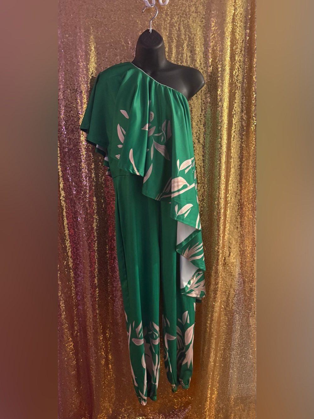 Asymmetric One-Shoulder Green Floral Jumpsuit